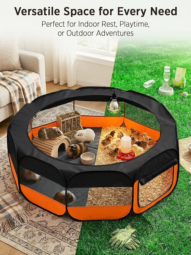 UWE Extra Large Small Animal Playpen, XL Portable Pet Playpen for Rabbit, Kitten, Guinea Pig, Hamster, Puppy – Waterproof Foldable Mesh Tent with Zipper Cover, Indoor Outdoor Use, Orange