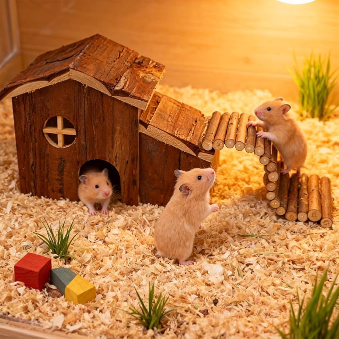 Hamster Hideout Wooden Hamster House and Natural Wood Rat Hut Hamster Bridge for Dwarf Hamster Mice Playing Hiding