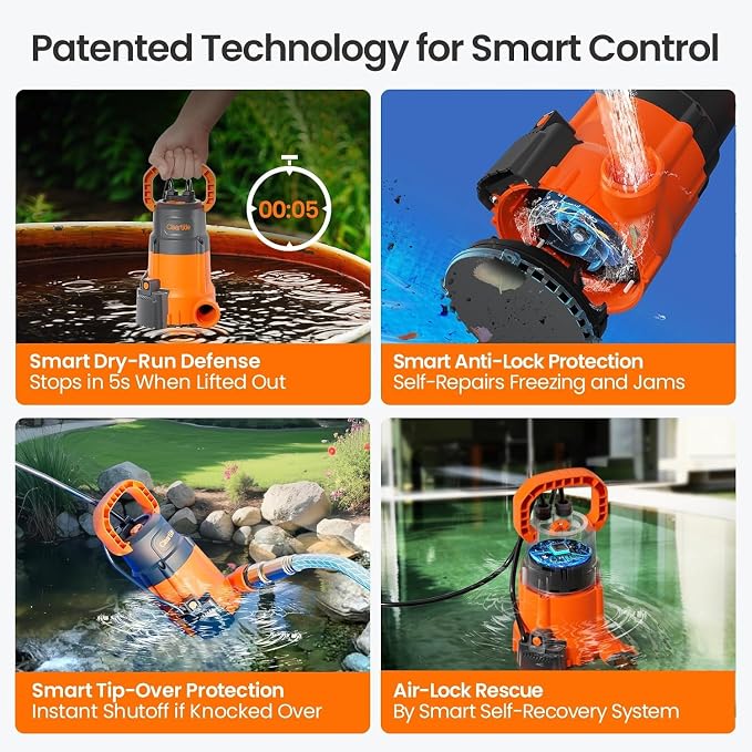 utility submersible pump with water sensor 1/4hp pump with hose, 10ft