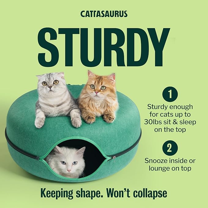 Cattasaurus Peekaboo Cat Cave Donut for Multiple & Large Cats up to 30-45 lbs, 3-in-1 Self Warming Cat Bed, Tunnel & Scratcher for Indoor Cats, Washable & Detachable Dog Bed (Forest Green, Large)