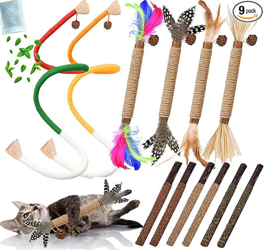 Cat Toys 12PCS Catnip Toy for Indoor Kitten Toys Cat Chew Stick for Dental Cleaning Teeth Cat Silvervine Matatabi Rope Treat Kitty Feather Snack for for Kick Molar Scratch Self Play
