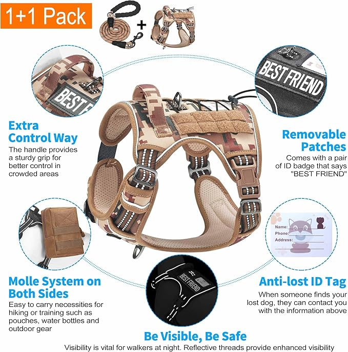 Beebiepet Heavy Duty Tactical Dog Harness for Large Dogs, No Pull Adjustable Pet Harness Reflective Service Training Easy Control Pet Vest Military K9 Working Dog Harnesses- Large, Desert Camo