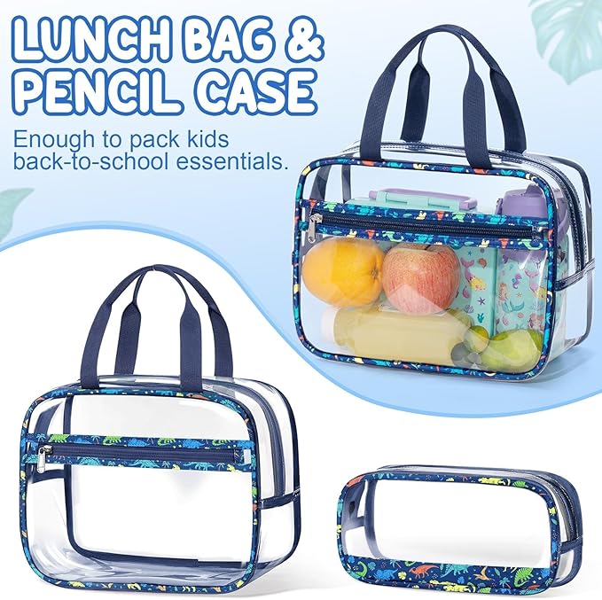 Fimibuke Clear Backpack for Boys, 3PCS Heavy Duty PVC Transparent Boys Backpack with Lunch Box & Pencil Case, School Stadium Event Approved Toddler School Bookbag for Preschool Kindergarten Elementary