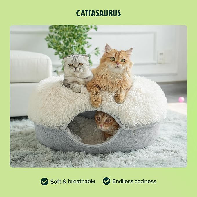 CATTASAURUS Peekaboo Cat Cave for Multiple & Large Cats Up to 30-45 Lbs, Fluffy Cat Beds for Indoor Cats, Scratch Detachable & Washable Tunnel Bed, Comfy Donut Cave (Light Gray, Large (Calming))