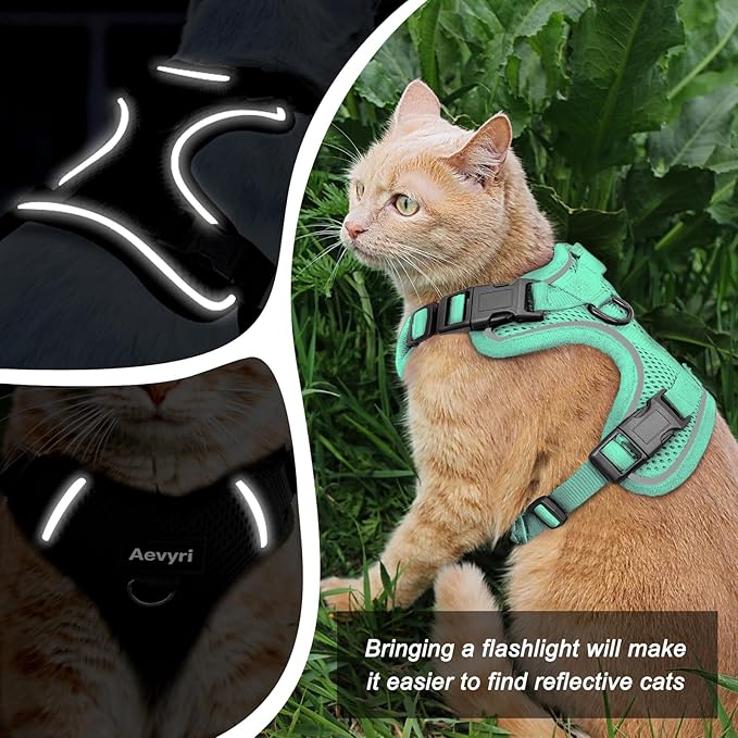 Cat Harness and Leash for Walking, The Upgrade Can be Adjusted in Four Directions and Breathable Cat Harness for Anti Escape that can be Fitted and Positioned, Reflective Strips Harness, Green, M
