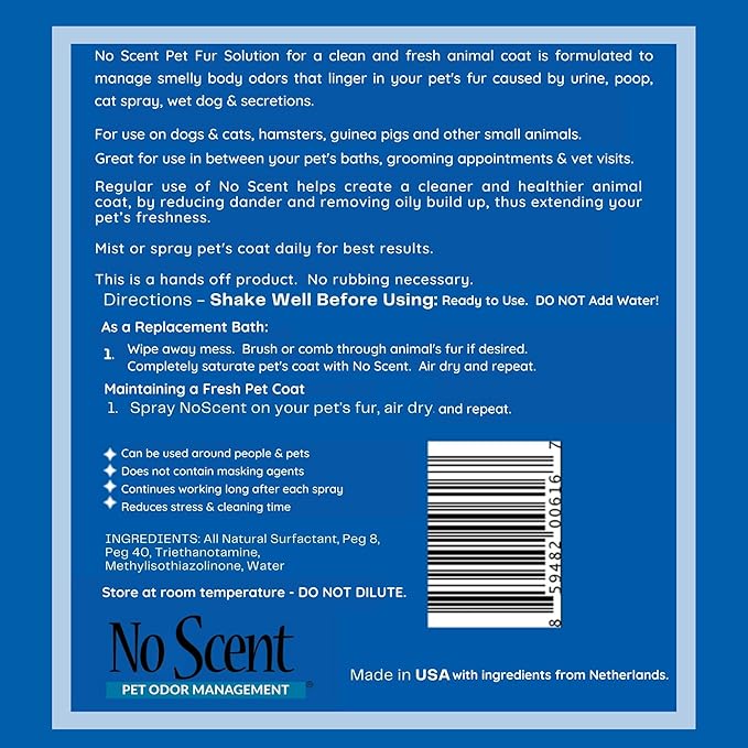 No Scent Pet Fur Odor Spray & Rinseless Cleaner for Dog, Cat, Hamster, Small Animal & Furry Pets (128 Fl Oz / 1 Gallon)
