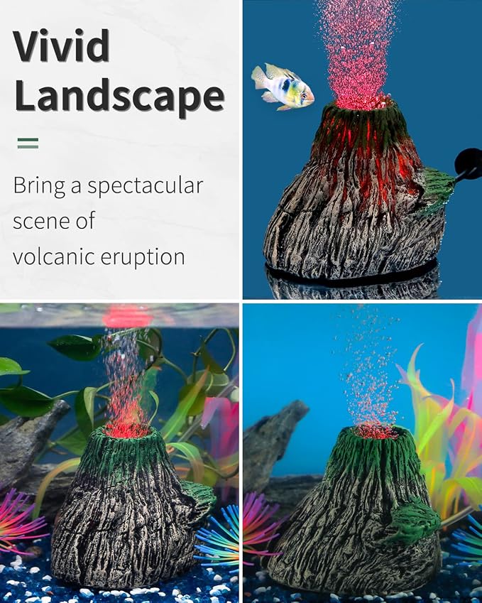 Uniclife Aquarium Volcano Ornament Kit Realistic Resin Volcanic Decoration with Air Stone Bubbler Red LED Light Decor for Fish Tank Landscape Addition and Oxygenation