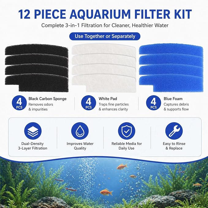Aquarium Filter Kit 12 Pack 3 Layer Fish Tank Filter Media Set with 4 Carbon Sponge Pads, 4 Polishing Pad, and 4 Foam Filters for Clear Water, Compatible with Seachem Tidal 110 Gallon