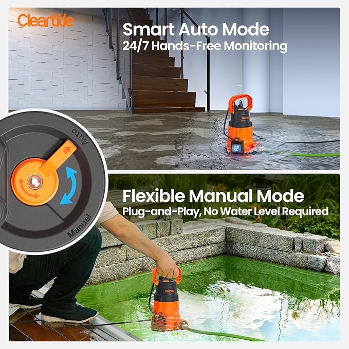 Cleartide 1/3 HP Submersible Utility Pump, 2790 GPH High Flow, Thermoplastic Portable Sump Pump with Auto Water Sensor, Ideal for Pool, Flooded Basement, Hot Tub, Pond & Garden Draining,10 FT Cord