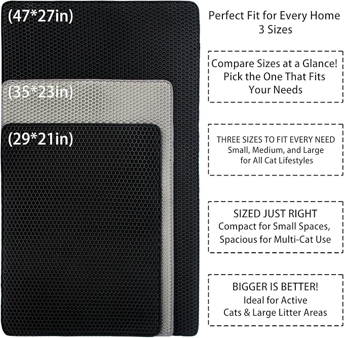 Cat Litter Box Mat Double Layer Trapping Mat Easy-Clean Waterproof Urine Proof(Black 30x22in)