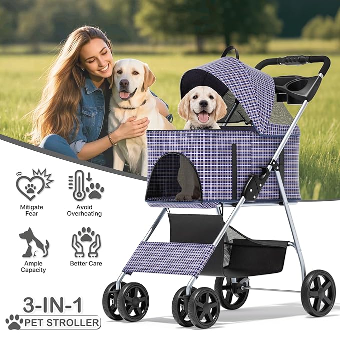 MoNiBloom 3 in 1 Foldable Pet Stroller for Small & Medium Dogs, Detachable Carrier, Car Seat, Push Button Entry, 4-Wheel Jogger for Pets up to 33 lbs, Plaid