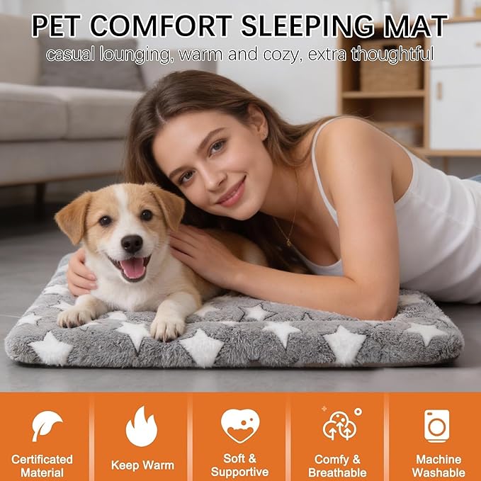 Dog Bed Mat, Reversible Crate Pad & Cute Dog Bed - Machine Washable Kennel Mat with Ultra Soft for Small Dogs (Cool/Warm), 24" x 18", Grey&Star