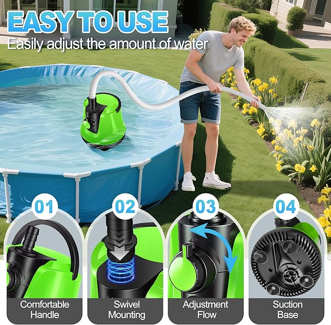 Sump Pump Submersible, Water Pump with Adjustable Flow, Pool Cover Pump Above Ground, Electric Portable Water Removal Pump, Water Pump for Pool Draining with 10ft Hose, 4 Adapters, 950GPH