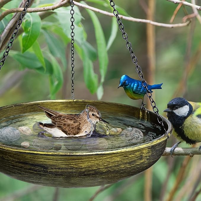 TIANCENTRAL H Hanging Bird Bath for Outdoor-11.4 Inch Bird Baths for Backyard Metal Bird Bath Bowl Outdoor Window Birds Feeder with 17”Rust-Proof Black Chains for Garden Yard and Patio Decor