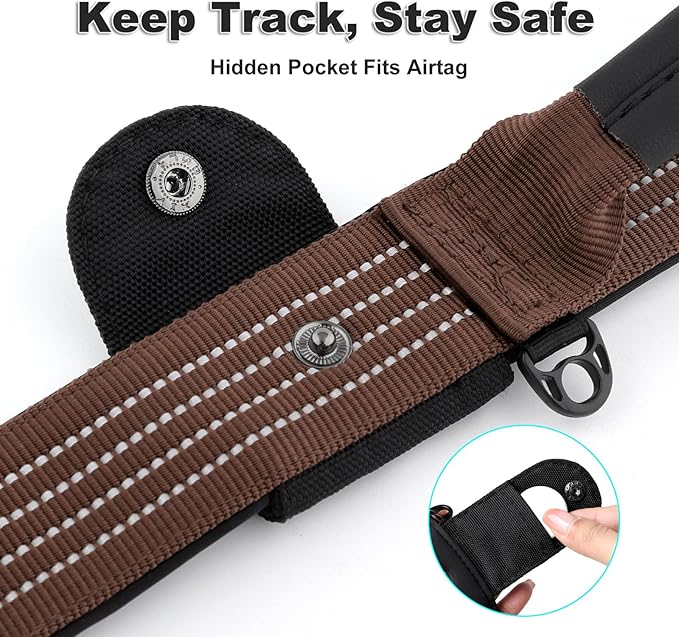 Plutus Pet Tactical Dog Collar with Tracker Pocket for AirTag, Adjustable Reflective Nylon Collar, Metal Buckle, Leather-Wrapped Handle, Soft Padded for Medium Large Dogs (Chocolate, S)