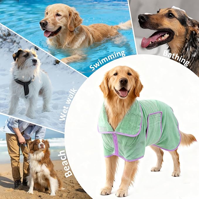 Soft Dog Bathrobe Fast Drying Dog Coat, Super Absorbent Dog Towels for After Bath, Microfiber Pet Robe Adjustable Collar & Belly Warm Keeping Dogs Coat for Pet Dogs & Cats (Green, Large)