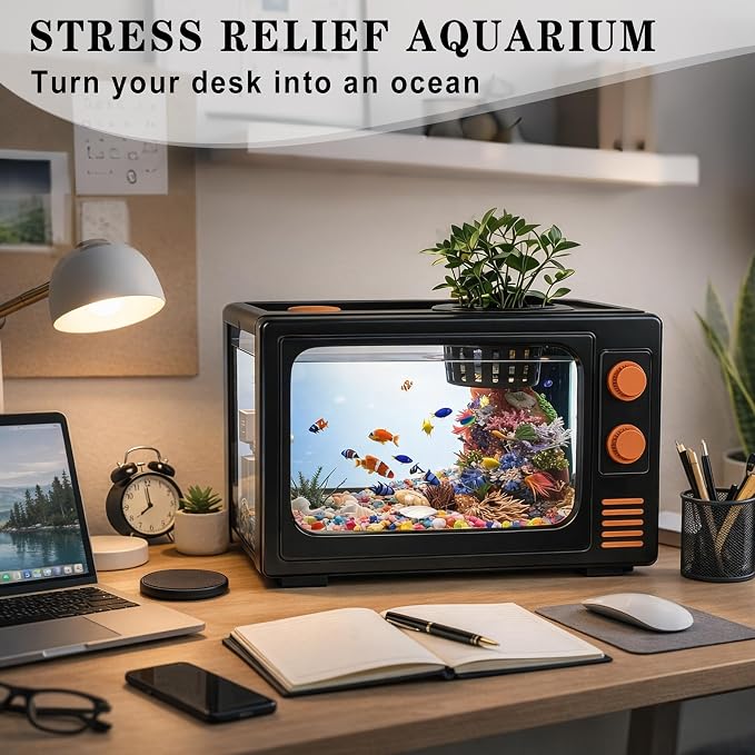 Retro TV Aquarium Kit 4 Gallon Desktop Fish Tank with Filter and LED Light, Mini Aquarium Starter Kit for Betta Fish, Vintage Television Style Decorative Fish Tank for Office Desk Home Decor