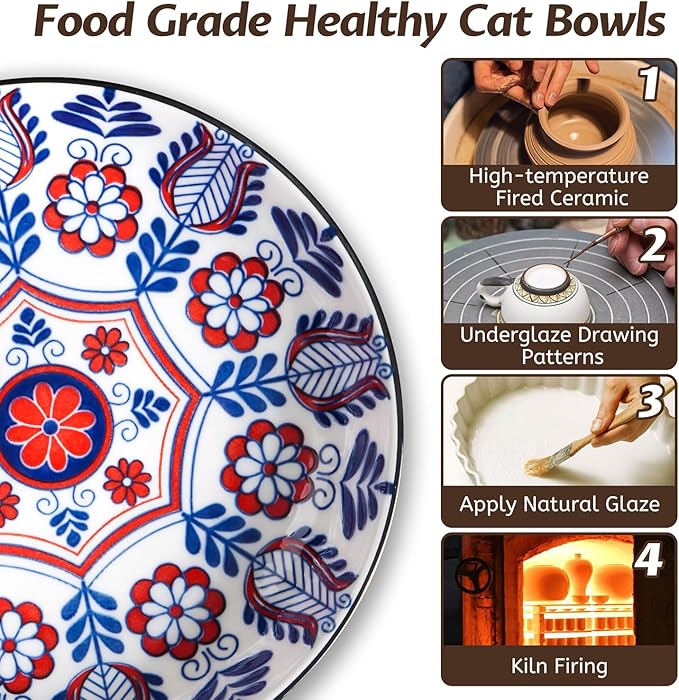 WROSWT Non-Slip Cat Bowl,Ceramic Cat Food Bowls with Silicone Bottom, Anti-Whisker Fatigue Cats Dishes Set, Shallow & Wide Kitten Plates for Food and Water, 4 Pack