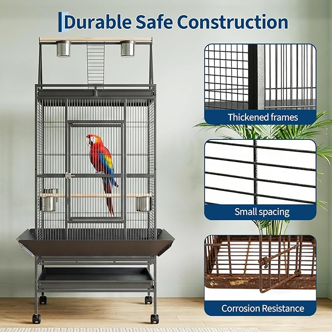 Garvee 68" h Large Bird Cage, Rolling Play Top Parakeet Cage, Big Bird Cages for Parrots, Parakeets, Cockatiels, Conures, Budgie, Lovebird