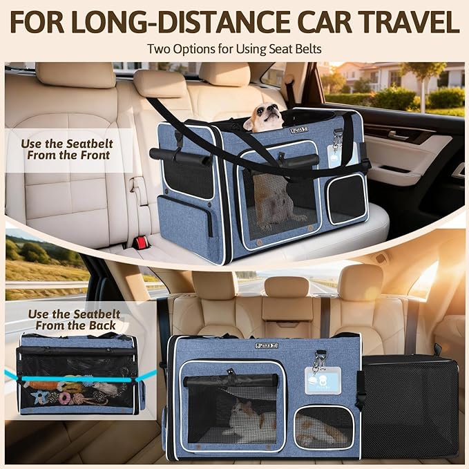 Petskd Side Expandable Extra Large Cat Car Carrier with Collapsible Litter Box for Long Distance Travel,24"x17"x17" Portable Soft Sided Pet Carrier with Roller Shades for 2 Cats Up to 55LBS(Blue)