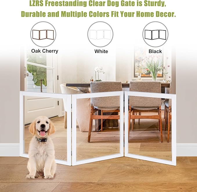 LZRS Clear Dog Gate for Indoor Use - Transparent Pet Fence with Solid Hardwood and Plastic Board, Stylish & Durable freestanding Pet Gate for Doorways, Stairs and Hallways, Off White