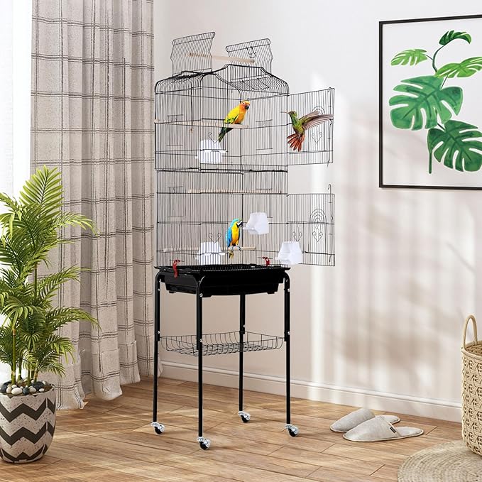 64 inch Bird Cage, Wrought Iron Parakeet Cage Bird Cages for Cockatiels, Medium Small Parrots, Conures, Lovebirds, Budgies, Finches, Detachable Rolling Stand & Play Open Top & Storage Shelf, Black