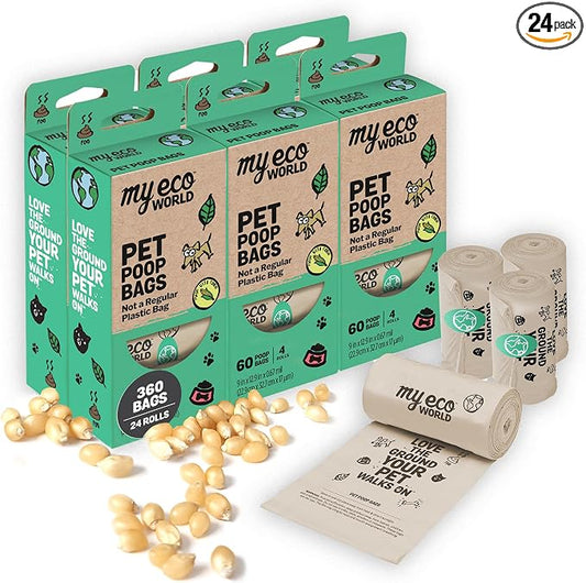 MyEcoWorld® Compostable Pet Poop Bags - Made with Corn and Other Certified Compostable Materials - 360 Bags - 24 Roll - Extra Strong - Leak Proof - Unscented - Easy to Open