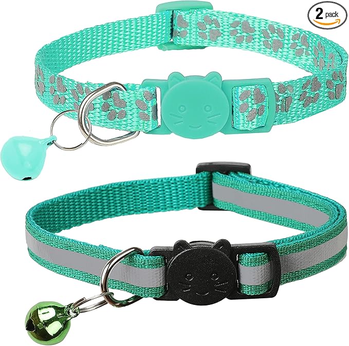 BANMODER 2 Pack Reflective Cat Collar Breakaway with Bell,Personalized Kitten Collars,Adjustable Safety Buckle Collar for Male Cats Girls & Boys (Dark Green)
