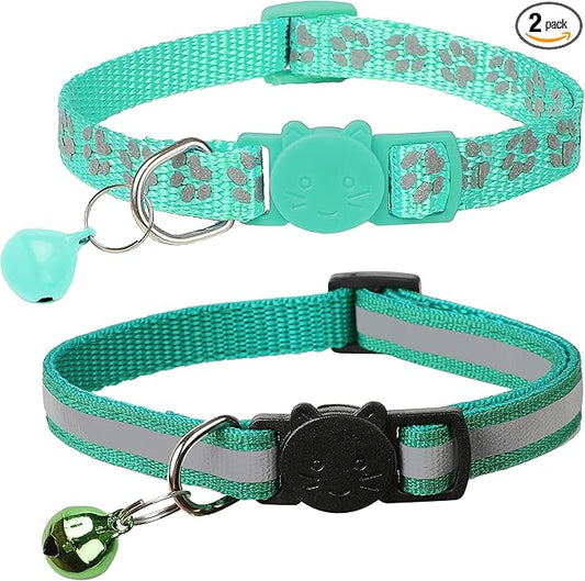 BANMODER 2 Pack Reflective Cat Collar Breakaway with Bell,Personalized Kitten Collars,Adjustable Safety Buckle Collar for Male Cats Girls & Boys (Dark Green)