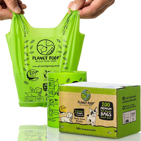 Planet Poop Compostable Dog Poop Bags for Small Pets, Large Single Roll 200 Mini Size Grab & Go, Biodegradable Un-Scented Dog Waste Bags with Handles, Leakproof Doggy Cat Bag, Plant Based Pet Supplies