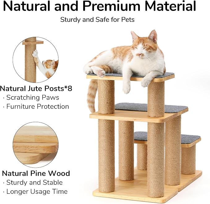 FUKUMARU Dog Stairs, Solid Wood Pet Stairs with Cat Scratching Post, Transformable Cat Ramp Can Hold Up to 200 lbs, 20 Inch Pet Steps for Dogs and Cats to Climb High Bed and Couch, Over 6 Combinations
