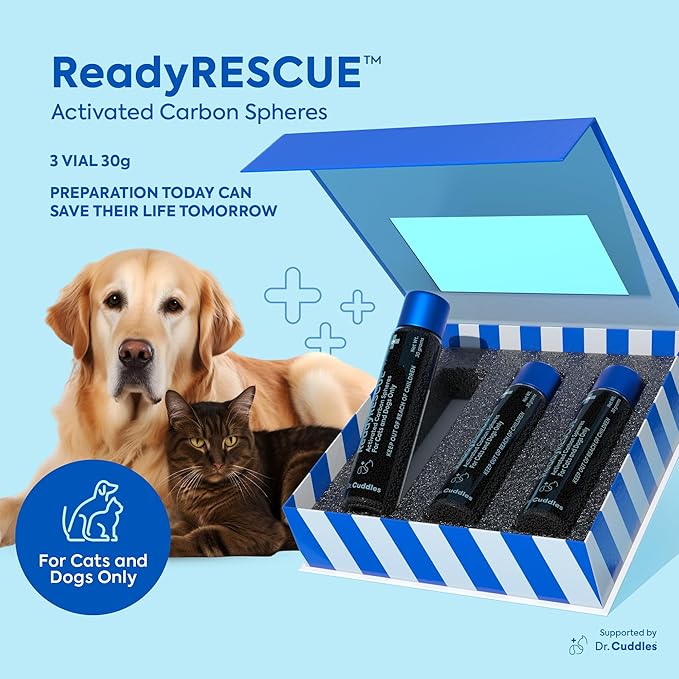 Dr. Cuddles ReadyRESCUE Activated Charcoal Powder for Dogs and Cats - Veterinary-Grade Pet First Aid Kit Essential - Fast Acting Emergency Poison Binder - Safe and Travel Ready - 30 g Pack of 3