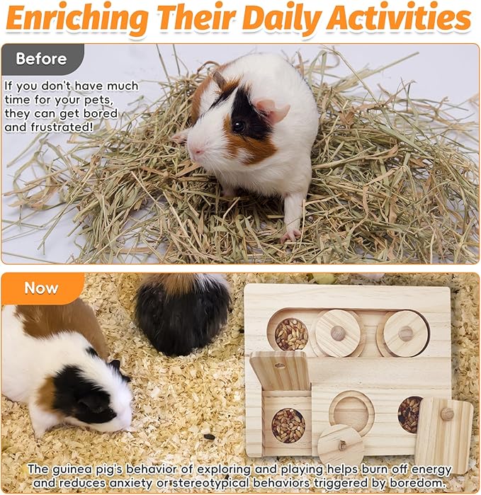 PINVNBY Guinea Pig Foraging Toy Sniff n' Snack Bunny Chew Toys Small Animal Wooden Enrichment Toys with 2 Balls Interactive Treat Dispenser for Rabbit Hamster Chinchillas Rats and Gerbils