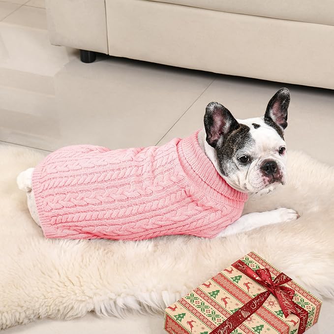 2 Pack Dog Sweaters for Medium Dogs Winter Turtleneck Pullover Cable Knit Fleece Stretch Frenchie Dachshund Pug Corgi Beagle Boy Girl Pet Clothes (L, Pink & Red)