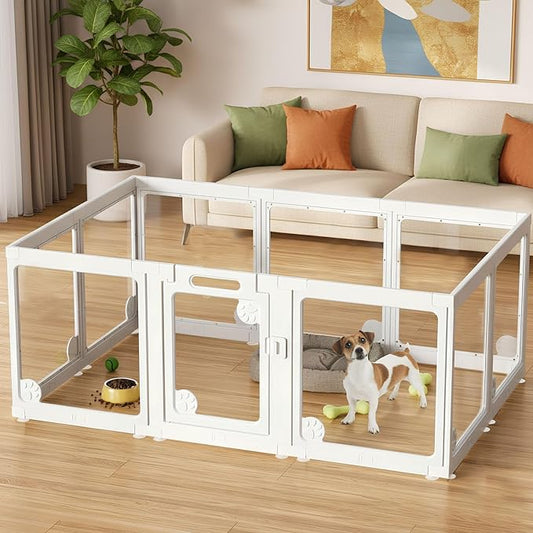 Clear Acrylic Dog Play Pen Indoors 24", 10 Panels Transparent Puppy Playpen with Door for Small Dogs Puppies, Modular Plastic Pet Playpen Cage Fence Crate for Cat Kitten Rabbit, White
