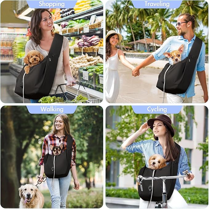 Dog Carrier Sling, Dog Carriers for Small Dogs & Cats with Pockets, Puppy Carrier Sling 20 lbs Machine Washable, Adjustable Shoulder Strap, Hands Free for Family Outdoor Use (Black)