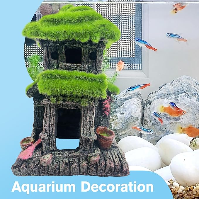 Hamiledyi Fish Hideout House for Aquarium Decorations, Betta Cave with Lifelike Moss, Come with 2 PCS Artificial Plants, Fish Tank Decoration for Shrimp Fish Shelter