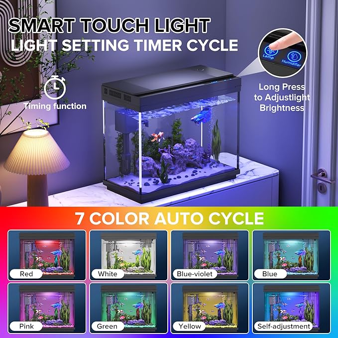 Vehipa Fish Tank 2.4 Gallon Aquarium with Heater, 3-in-1 Silent Pump with Filteration & Oxygenation & Circulation, 7-Color Timer Cycle Light, Temperature Display, Humidifier, HD Glass Fish Bowl