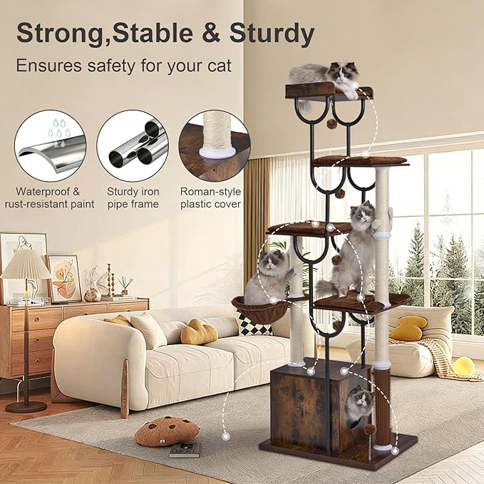 FourFurPets Cat Tree for Large Cats, Modern Cat Tree Tower with Scratching Post, 74" Wooden Cat Tower for Multiple Adult Cats, Cat Condo for Adult Cats, 4 Large Perch, 1 Cat Caves, Rustic Brown