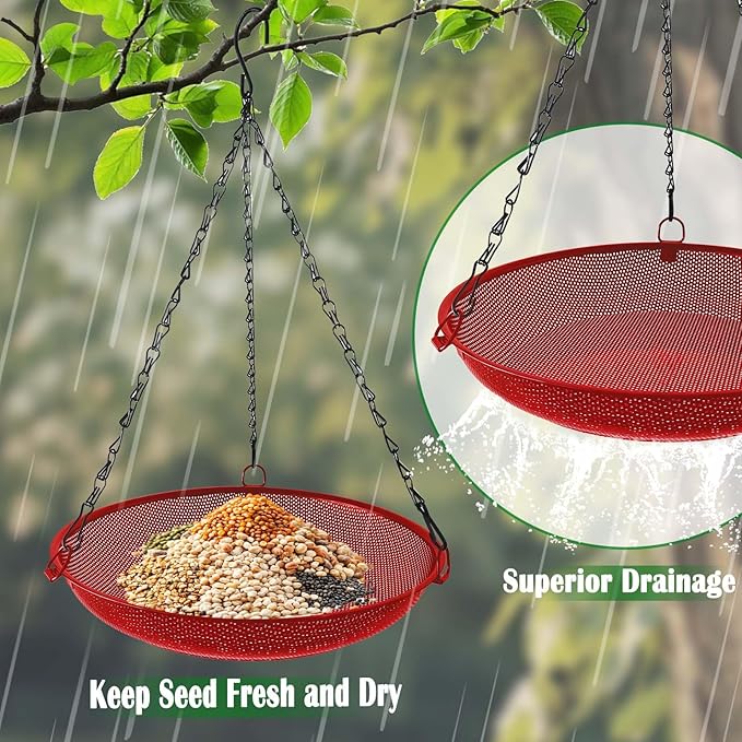 Hanging Bird Feeder for Outdoors – 12 in Platform Bird Feeder, Metal Mesh Seed Tray for Wild Birds, Red