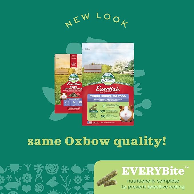 Oxbow Essentials Young Guinea Pig Food, Guinea Pig Pellets Made with Timothy Hay, Stabilized Vitamin C, Small Animal Pet Products, Small Animal Food Made in USA, High Fiber, 5 lb. Bag