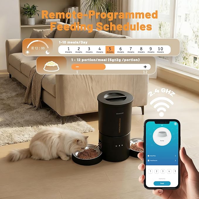 Miaosical Automatic Cat Feeder 2 Cats,2.4G WiFi Timed Auto Cat Food Dispenser with Dual Bowls,4.2L Smart App Control,Equal Portion Feeding for Multiple Cats (Black, 4.2L WiFi Dual Bowl)