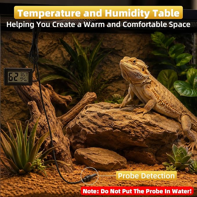 Reptile Heat Lamp with Timer & Hygrothermograph, Double-Head UVA UVB Light | Simulated Sunlight Basking Spot Lamp for Turtle, Lizard, Snake, Beared Dragon, Amphibians, 2 Bulbs 25W+50W