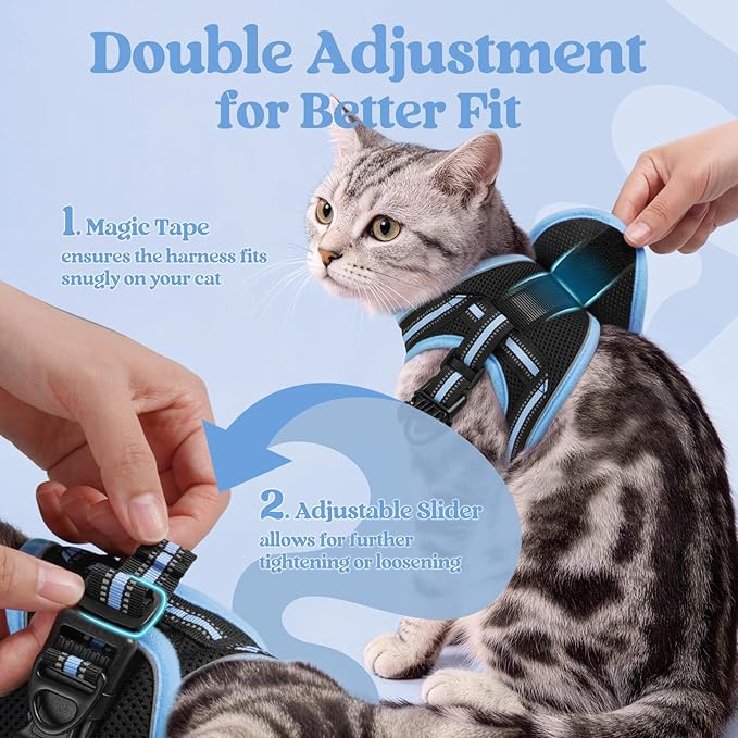 rabbitgoo Cat Harness and Leash Set for Walking Escape Proof, Adjustable Soft Kittens Vest with Reflective Strip for Cats, Comfortable Outdoor Vest, Black & Light Blue, L