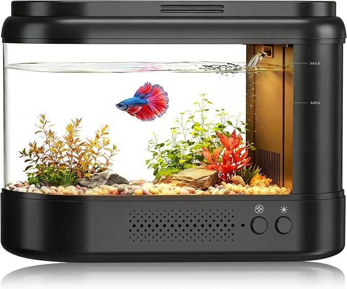 Betta Fish Tank 0.7 Gallon Acrylic Small Aquarium Kit Black | with Water Filter Pump & LED Light,Quiet Office Desktop Fish Bowl for Small Fish,Plants and Shrimp