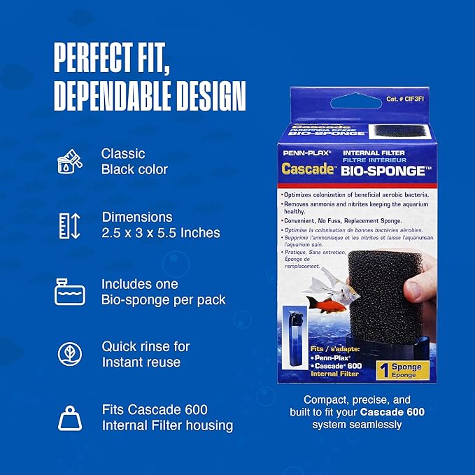 Penn-Plax Cascade 600 Replacement Bio-Sponge - 1 Pack Aquarium Filter Sponge for CIF3 Submersible Internal Media Filter - Easy-to-Clean - Freshwater & Saltwater Aquariums - Black, 2.5 x 3 x 5.5 Inches