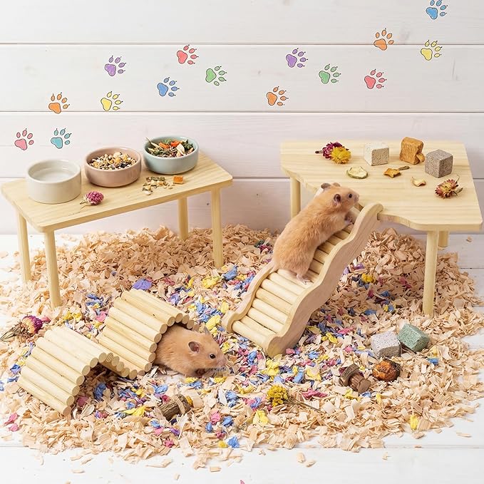BreezeHug 4 Pcs Hamster Platform Hideout Wooden Tunnel Ladder Playhouse Hamster Game Climbing Toy with Platform Cage Accessories for Pets Dwarf Syrian Mice Degus Gerbils Squirrel(Climber)