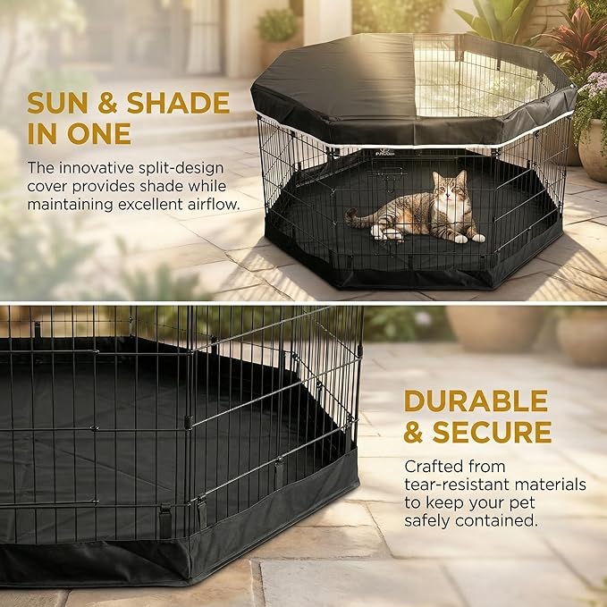 PJYuCien Dog Playpen with Top Cover and Bottom Pad - Metal Foldable Exercise Pen, 8 Panels 30" H x 24" W Indoor Outdoor Pet Fence Puppy Crate Kennel, Black