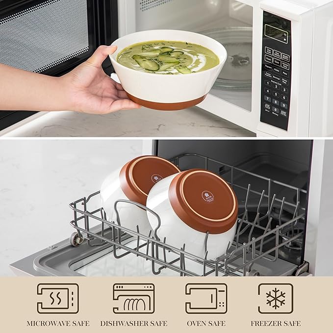 MALACASA Soup Bowls, Ceramic Salad Bowls Set of 4, 36oz Ceramic Bowls for Ramen, Cereal, Fruit and Pho, Microwave & Dishwasher Safe, Speckled Deep Bowls, Vanilla White & Brown
