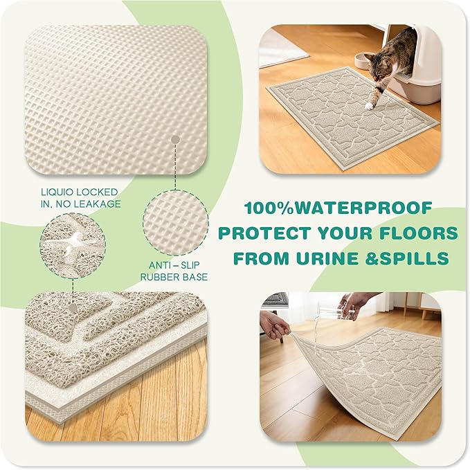 Yimobra Cat Litter Mat, Litter Trapping Waterproof Non Slip PVC Mat, Scatter Control Easy Clean for Litter Box, 47"x36", Beige